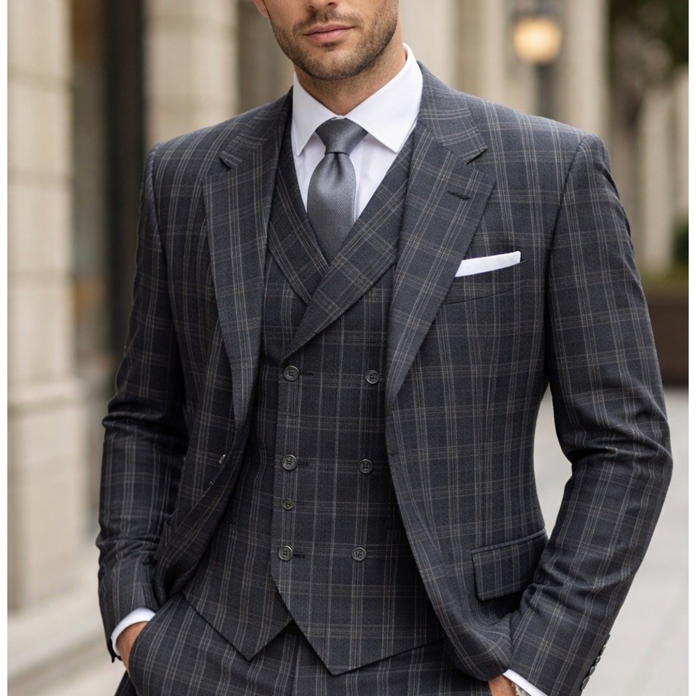 Falcone Plaid Suit Jacket Mens Charcoal Grey‎ Super 100s Wool 3-Button Blazer L